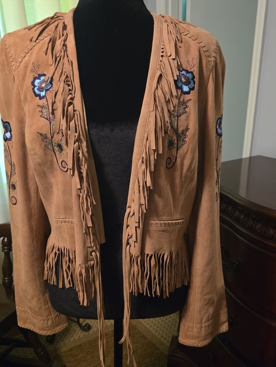 Double D Ranch Jackets & Blazers - Double D Ranch Beige Leather Jacket with Blue Floral Details